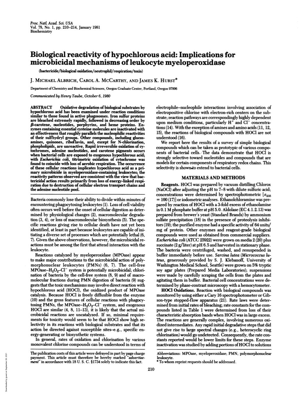 Biological Reactivity of Hypochlorous Acid