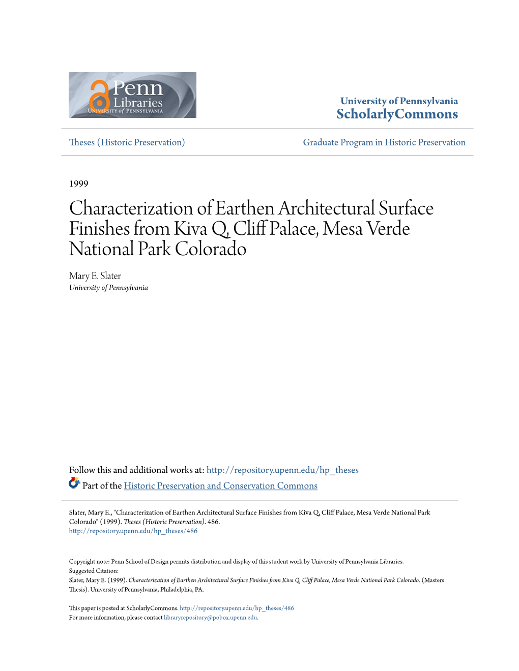 Characterization of Earthen Architectural Surface Finishes from Kiva Q, Cliff Alp Ace, Mesa Verde National Park Colorado Mary E