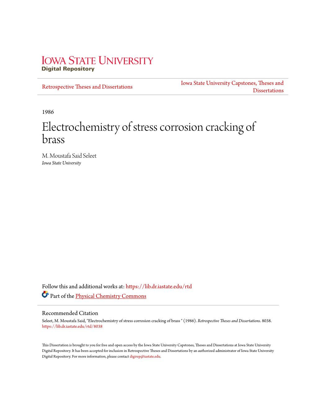 Electrochemistry of Stress Corrosion Cracking of Brass M