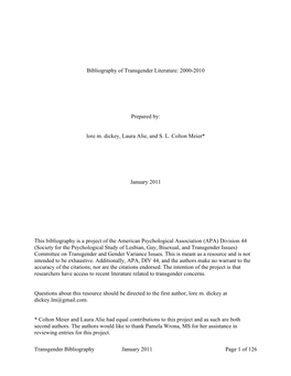 Transgender Bibliography January 2011 Page 1 of 126 Bibliography of Transgender Literature