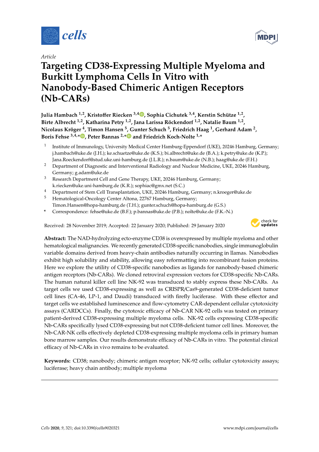 Targeting CD38-Expressing Multiple Myeloma and Burkitt Lymphoma Cells in Vitro with Nanobody-Based Chimeric Antigen Receptors (Nb-Cars)