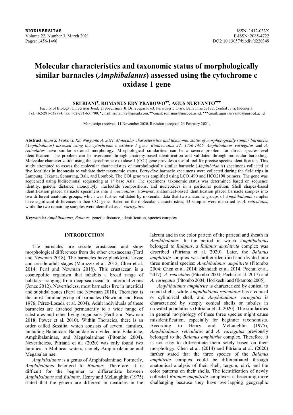 Molecular Characteristics and Taxonomic Status of Morphologically Similar Barnacles (Amphibalanus) Assessed Using the Cytochrome C Oxidase 1 Gene