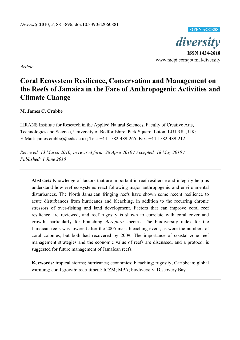 Coral Ecosystem Resilience, Conservation and Management on the Reefs of Jamaica in the Face of Anthropogenic Activities and Climate Change