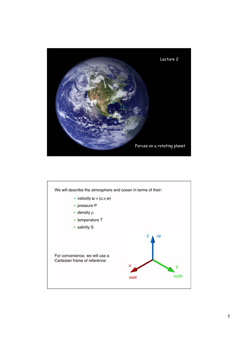 Lecture 1 Forces on a Rotating Planet Lecture 2 We Will Describe the Atmosphere and Ocean in Terms of Their: • Velocity U = (U