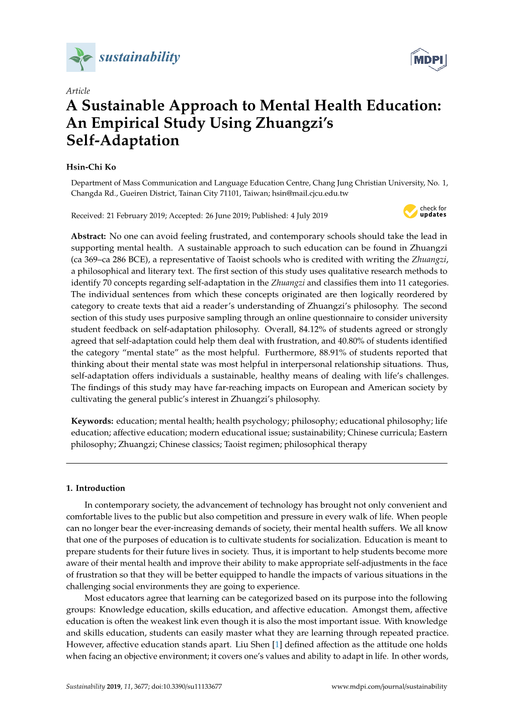 A Sustainable Approach to Mental Health Education: an Empirical Study Using Zhuangzi’S Self-Adaptation