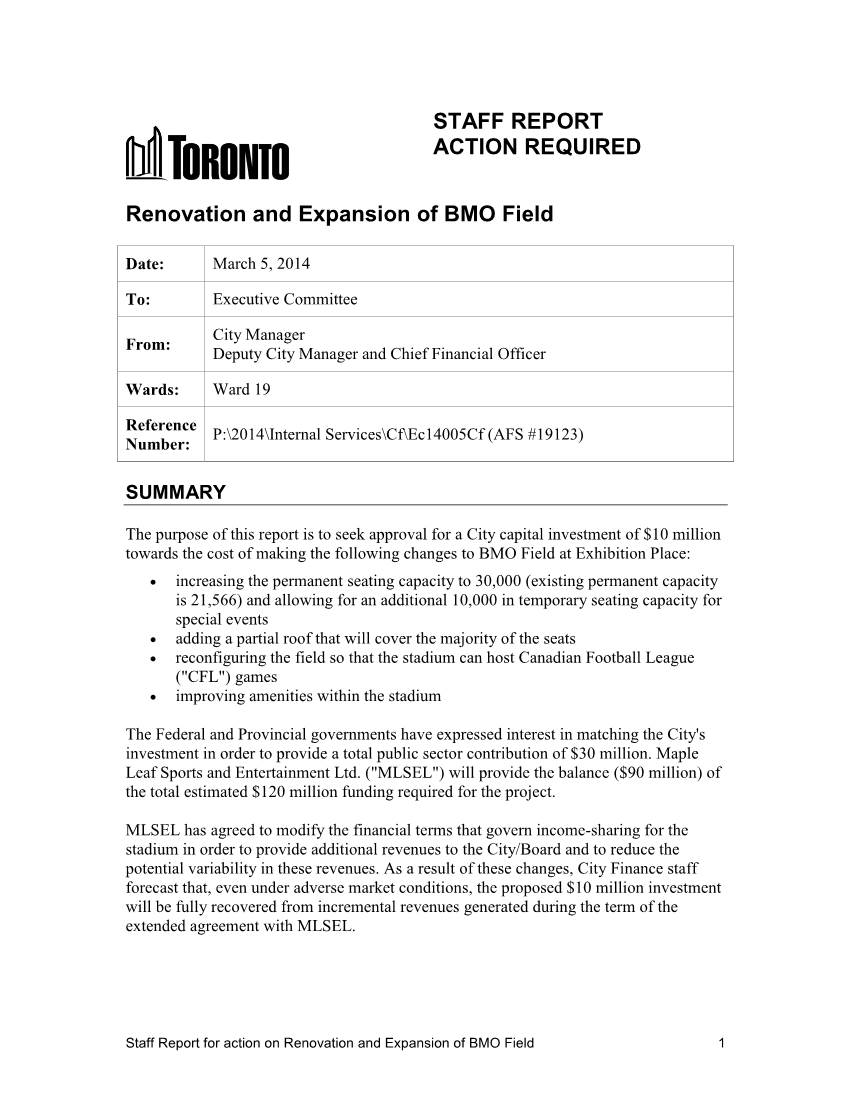 STAFF REPORT ACTION REQUIRED Renovation and Expansion of BMO