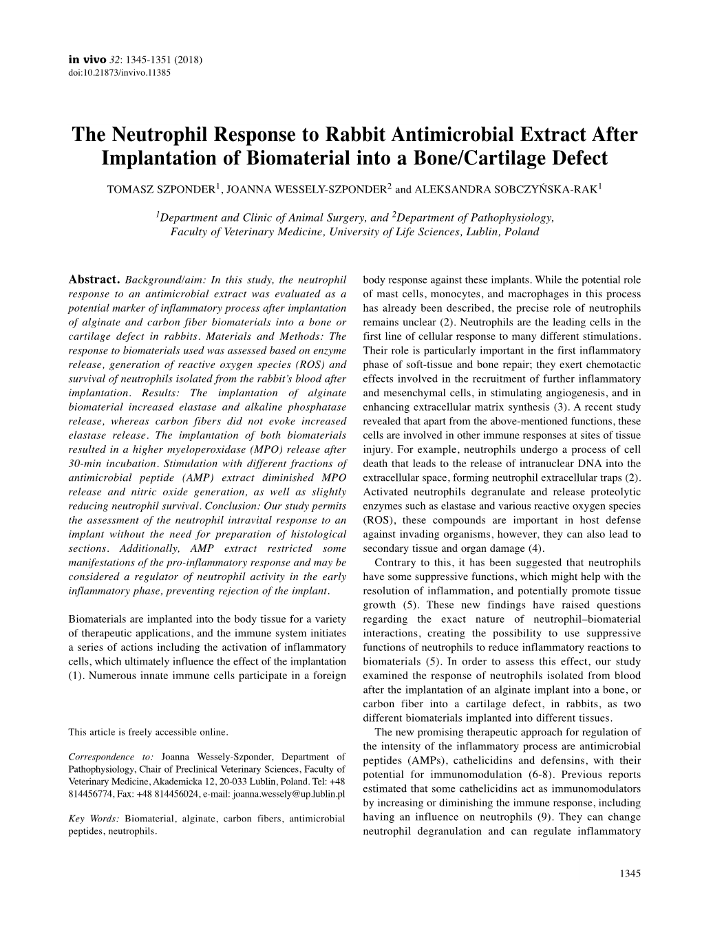 The Neutrophil Response to Rabbit Antimicrobial Extract After Implantation of Biomaterial Into a Bone/Cartilage Defect