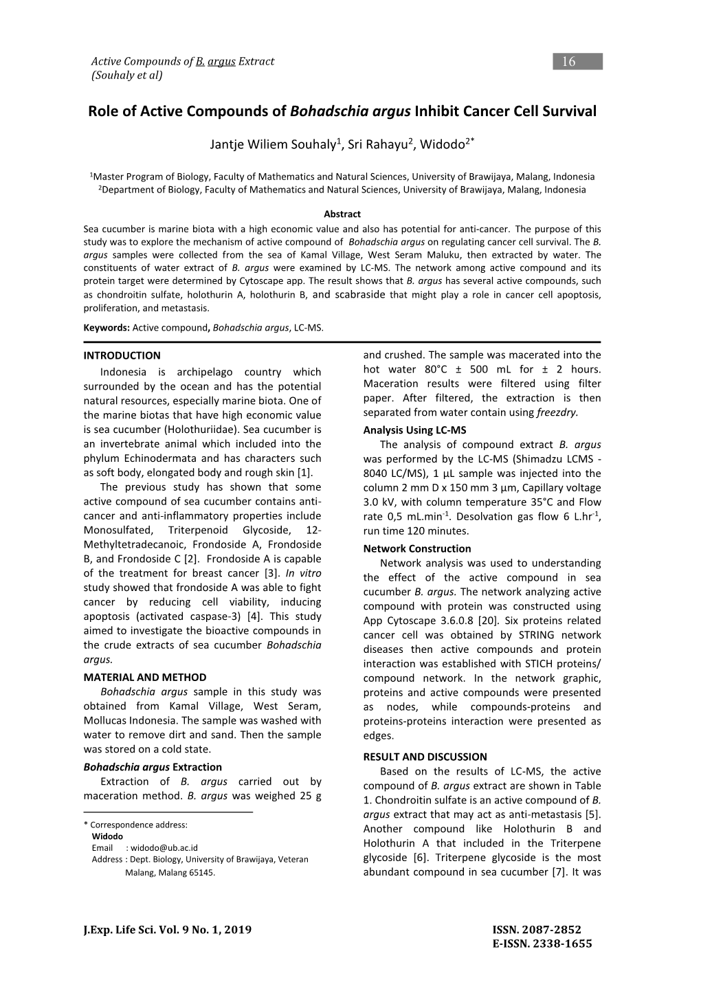 Role of Active Compounds of Bohadschia Argus Inhibit Cancer Cell Survival