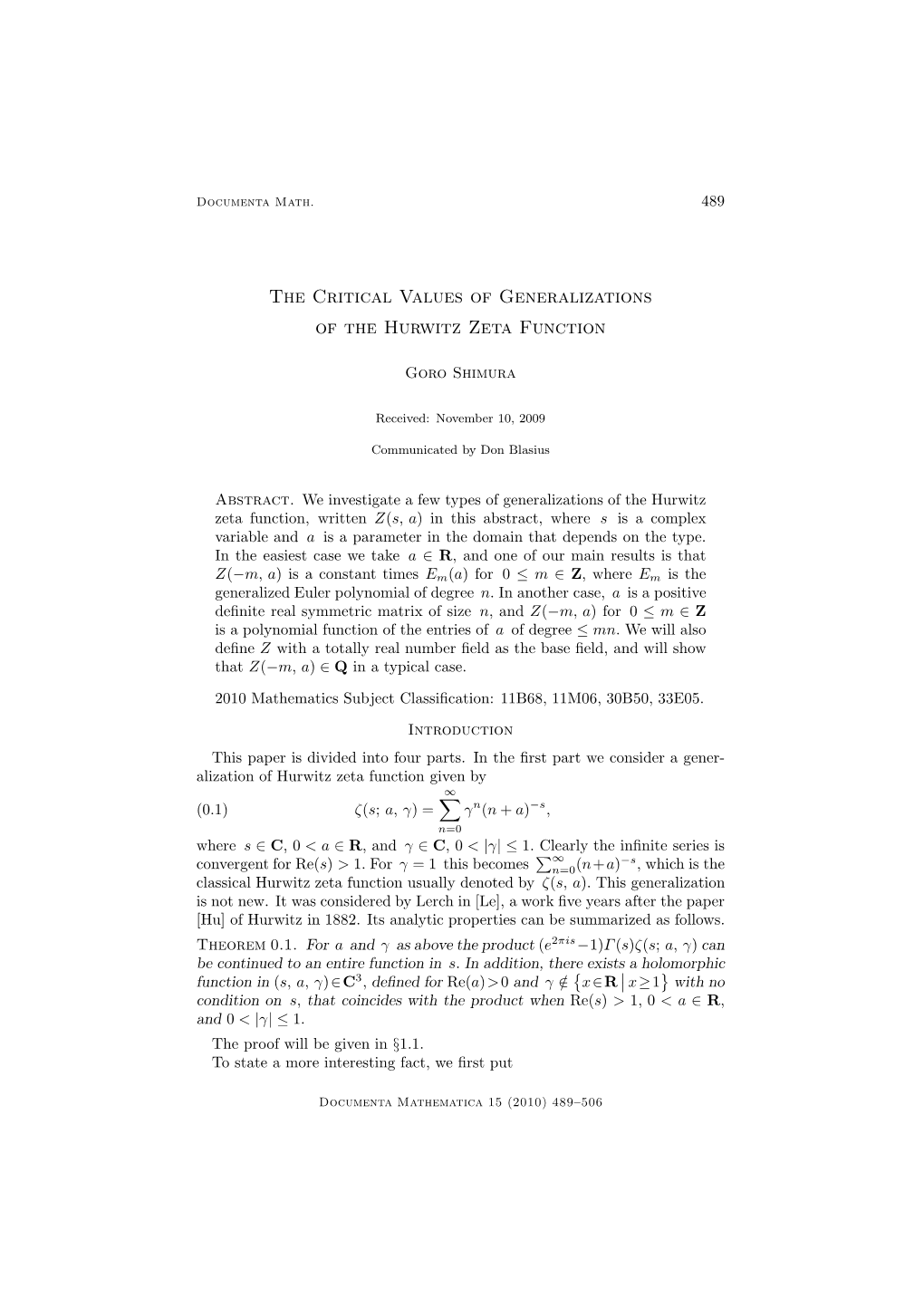 The Critical Values of Generalizations of the Hurwitz Zeta Function