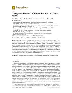 Therapeutic Potential of Iridoid Derivatives: Patent Review