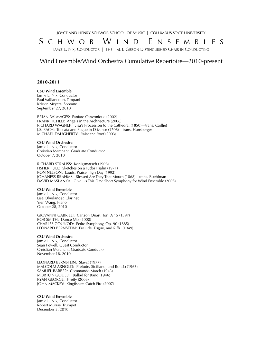CSU Wind Ensemble Activities Repertoire 2010-Present
