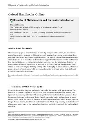 Philosophy of Mathematics and Its Logic: Introduction