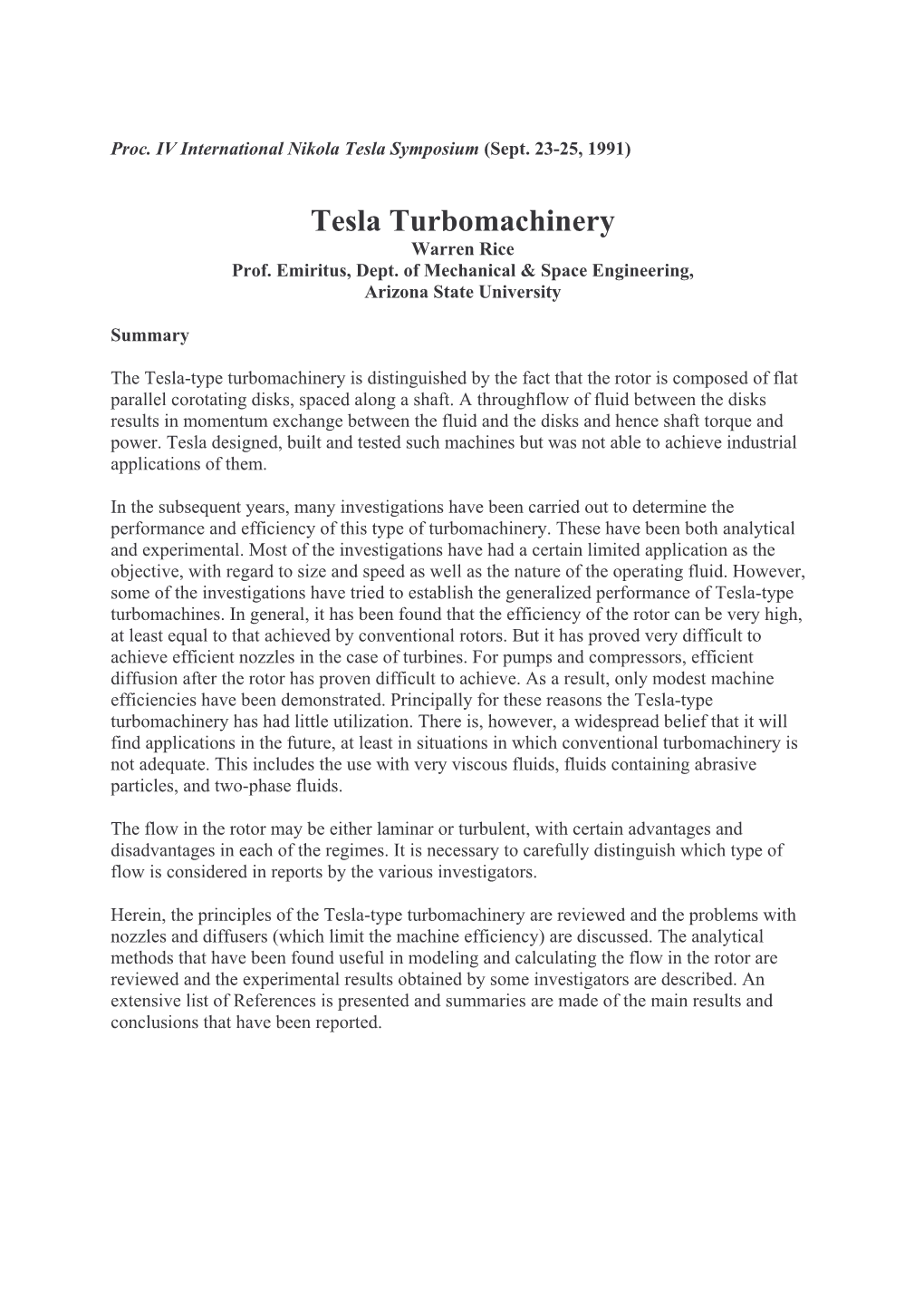 Tesla Turbomachinery Warren Rice Prof