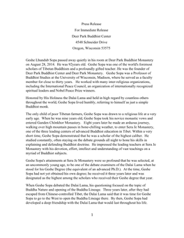 1 Press Release for Immediate Release Deer Park Buddhist Center