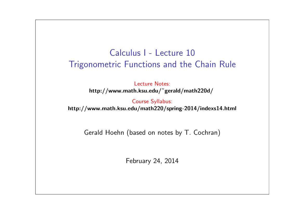 Calculus I - Lecture 10 Trigonometric Functions and the Chain Rule