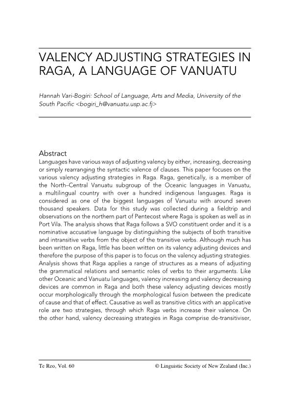 Valency Adjusting Strategies in Raga, a Language of Vanuatu