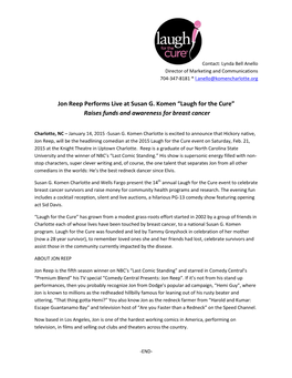 Jon Reep Performs Live at Susan G. Komen “Laugh for the Cure” Raises Funds and Awareness for Breast Cancer