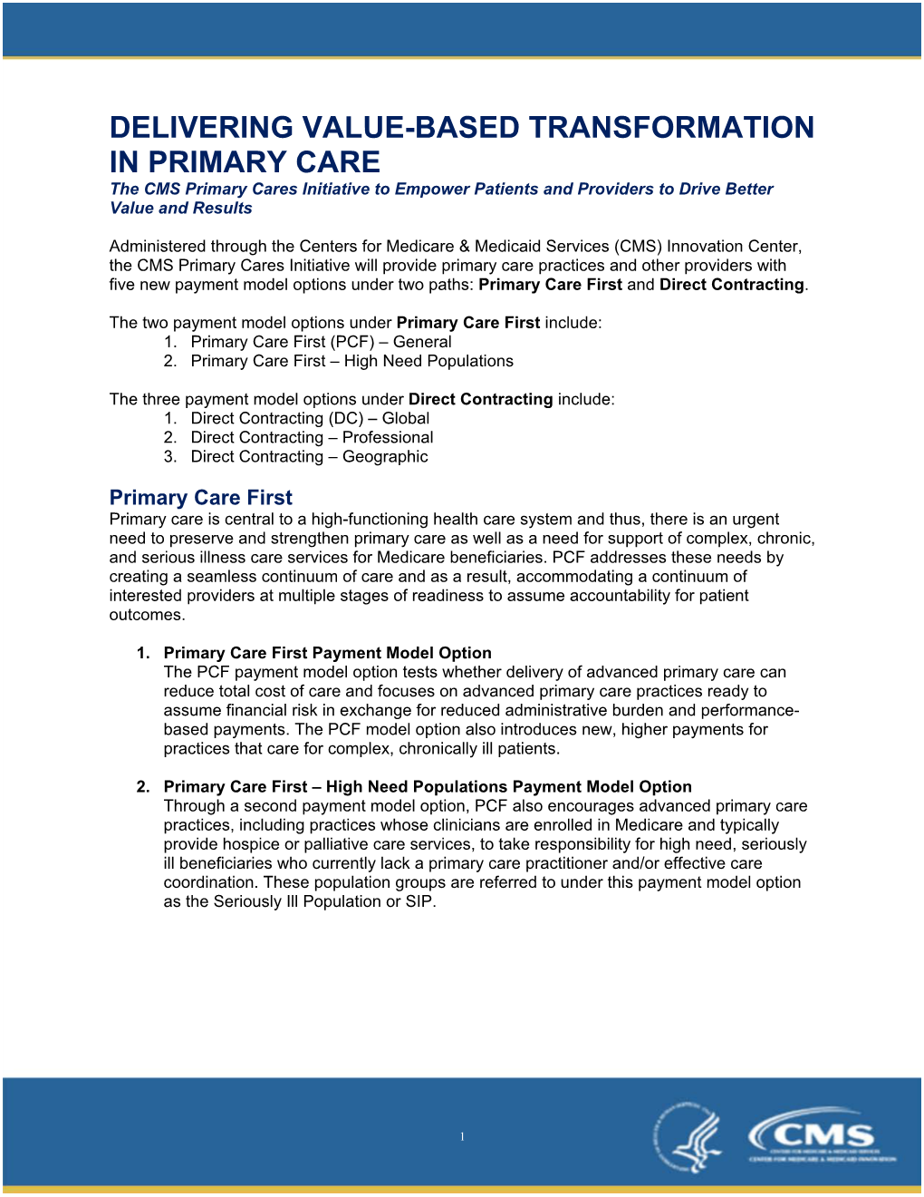 Five Payment Model Options, Primary Care First and Direct Contracting