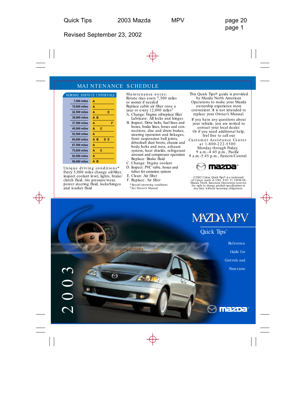 Mazda MPV Page 20 Page 1 Revised September 23, 2002