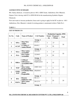 M/S. SUNNY CHEMICALS., ANKLESHWAR 1 M/S. JYOTI OM CHEMICAL REASERCH CENTER PVT .LTD.,ANKLESHWAR 1.0 EXECUTIVE SUMMARY M/S. Sunny