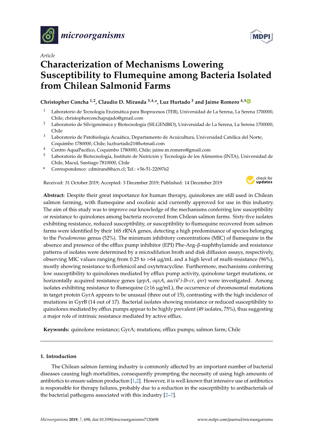 Characterization of Mechanisms Lowering Susceptibility to Flumequine Among Bacteria Isolated from Chilean Salmonid Farms