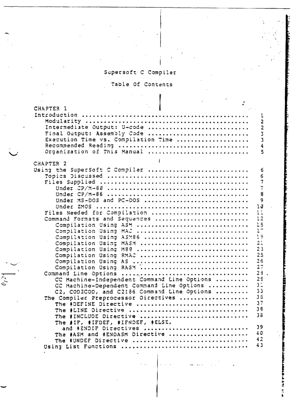 Supersoft C Compiler Table of Contents