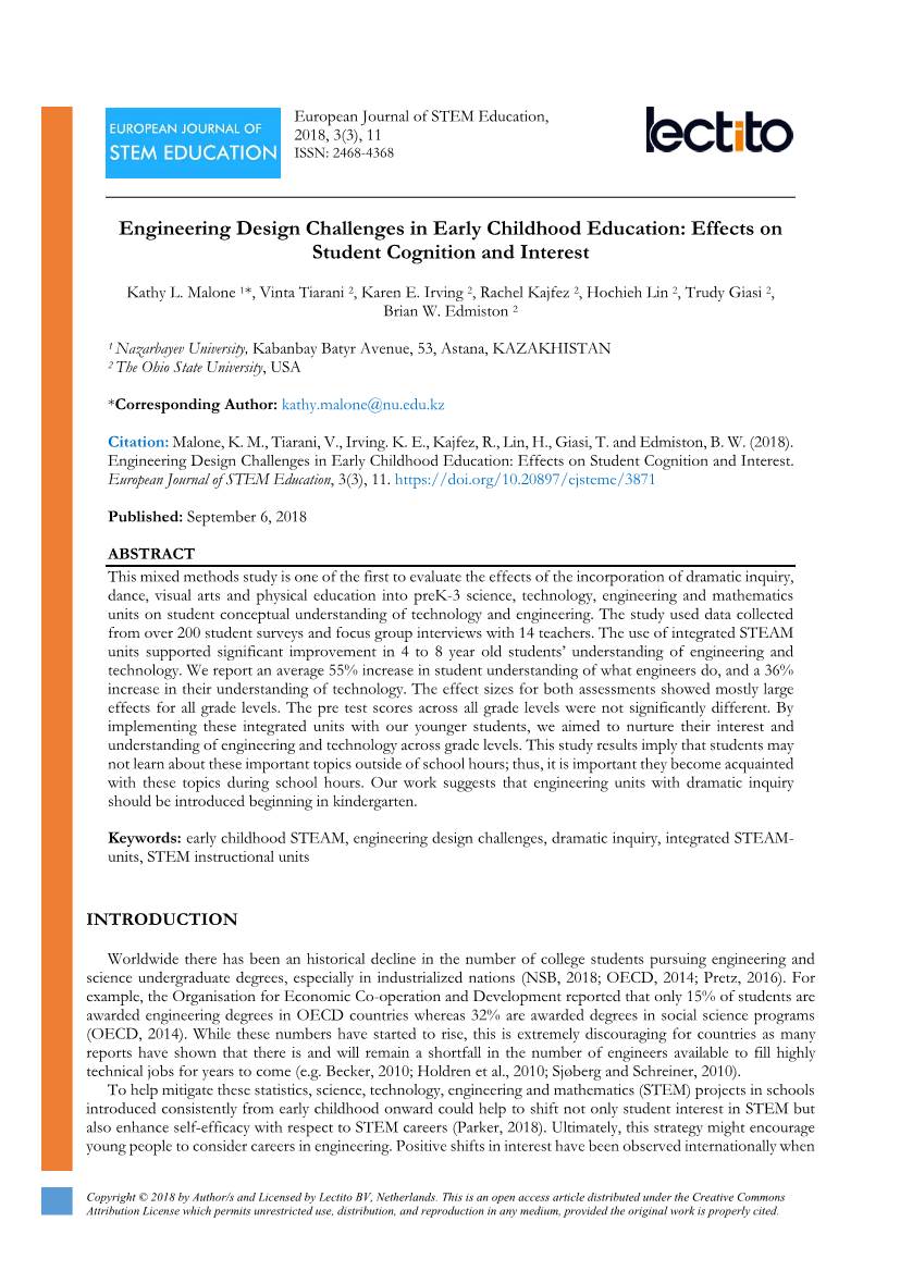 Engineering Design Challenges in Early Childhood Education: Effects on Student Cognition and Interest