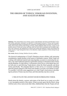 The Origins of Turnus, Vergilian Invention, and Augustan Rome