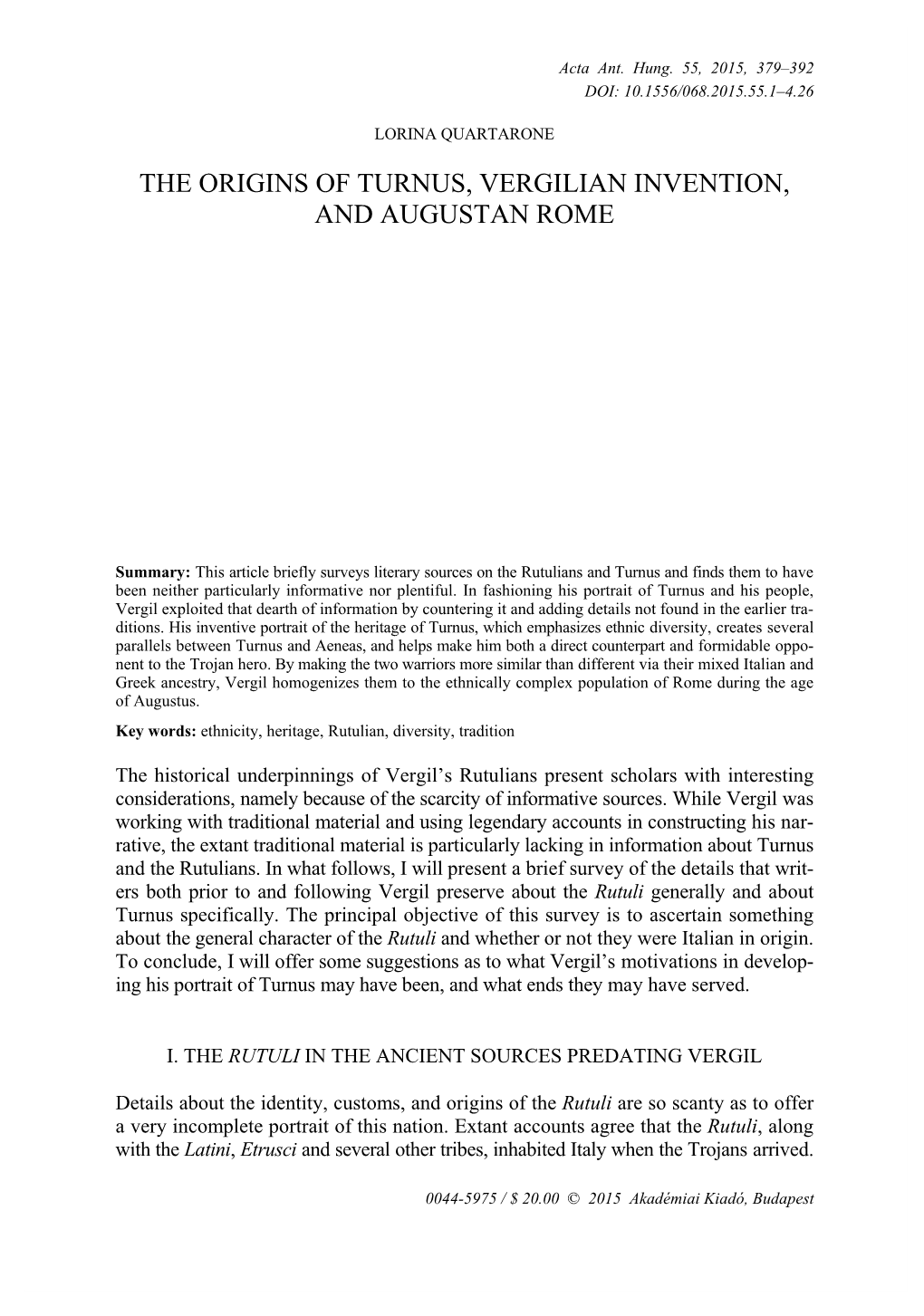 The Origins of Turnus, Vergilian Invention, and Augustan Rome