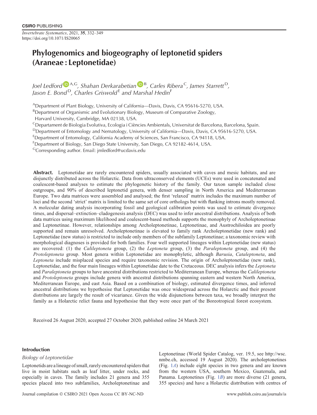 Phylogenomics and Biogeography of Leptonetid Spiders (Araneae : Leptonetidae)