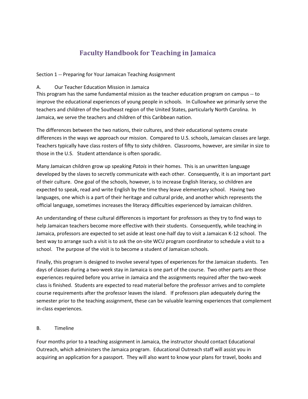 Faculty Handbook for Teaching in Jamaica