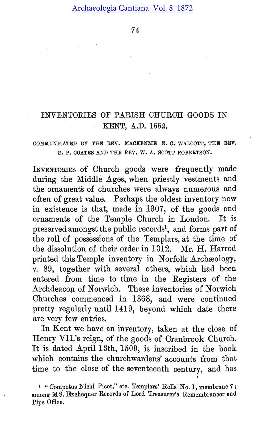 Inventories of Parish Goods in Kent. in A.D. 1552. Introduction, Ash to Beckenham