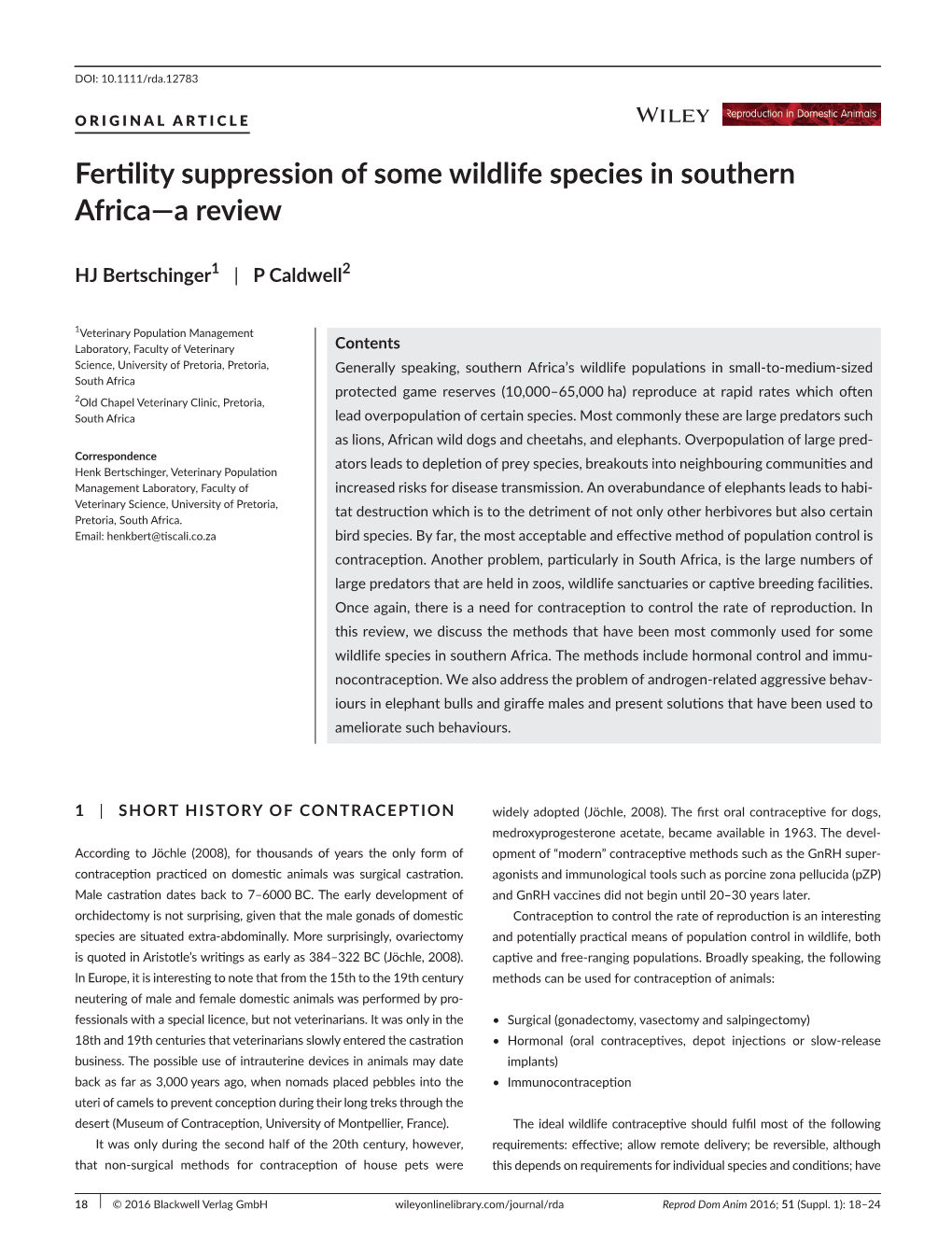 Fertility Suppression of Some Wildlife Species in Southern Africa&#X2014