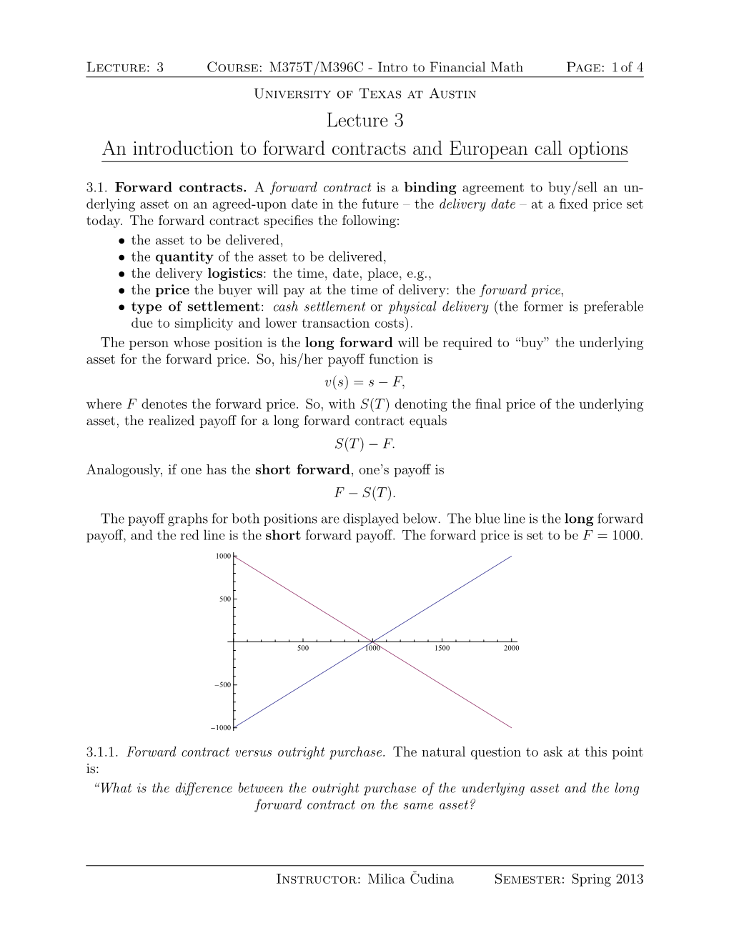 Lecture 3 an Introduction to Forward Contracts and European Call Options