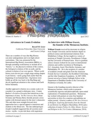 Adventures in Cosmic Evolution an Interview with William Grassie, the Founder of the Metanexus Institute