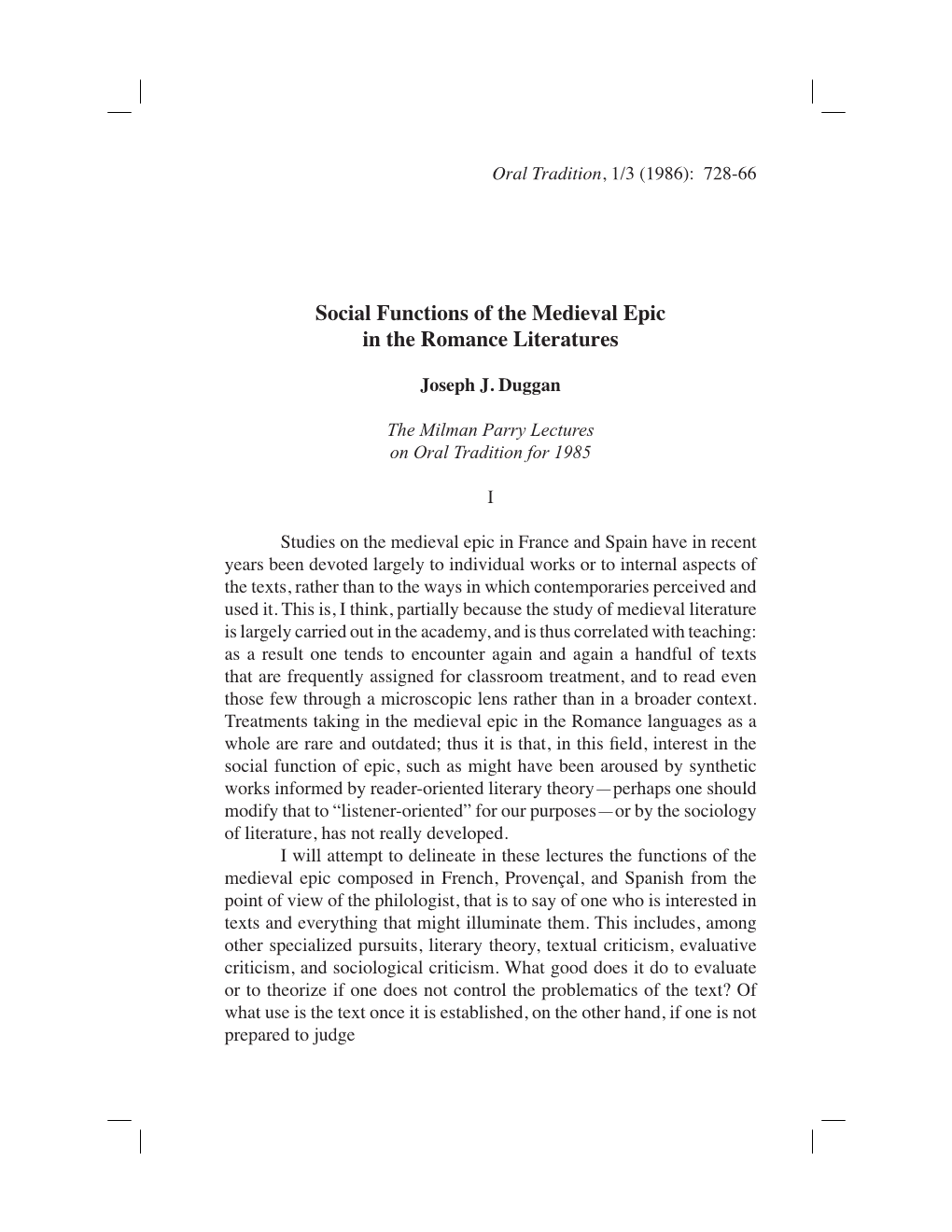 Social Functions of the Medieval Epic in the Romance Literatures