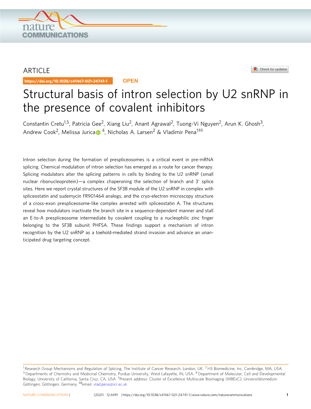 Structural Basis of Intron Selection by U2 Snrnp in the Presence of Covalent Inhibitors