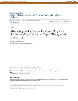 Misleading and Unclear to the Many: Allegory in the Derveni Papyrus and the Orphic Theogony of Hieronymus