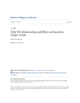 Title VII: Relationship and Effect on Executive Order 11246 Robert D