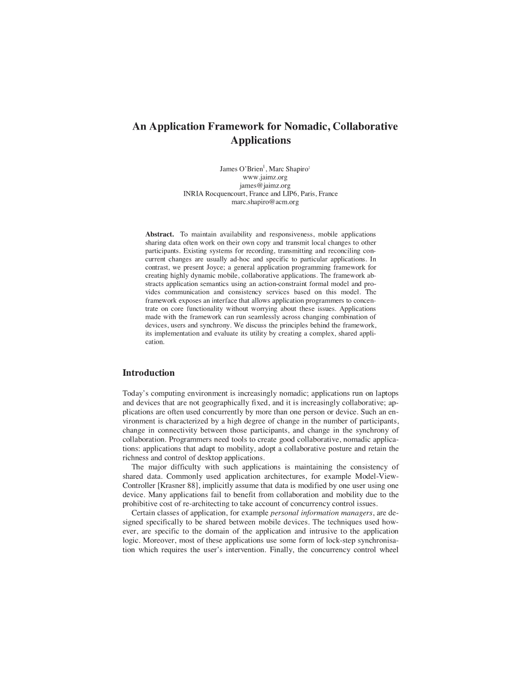 An Application Framework for Nomadic, Collaborative Applications