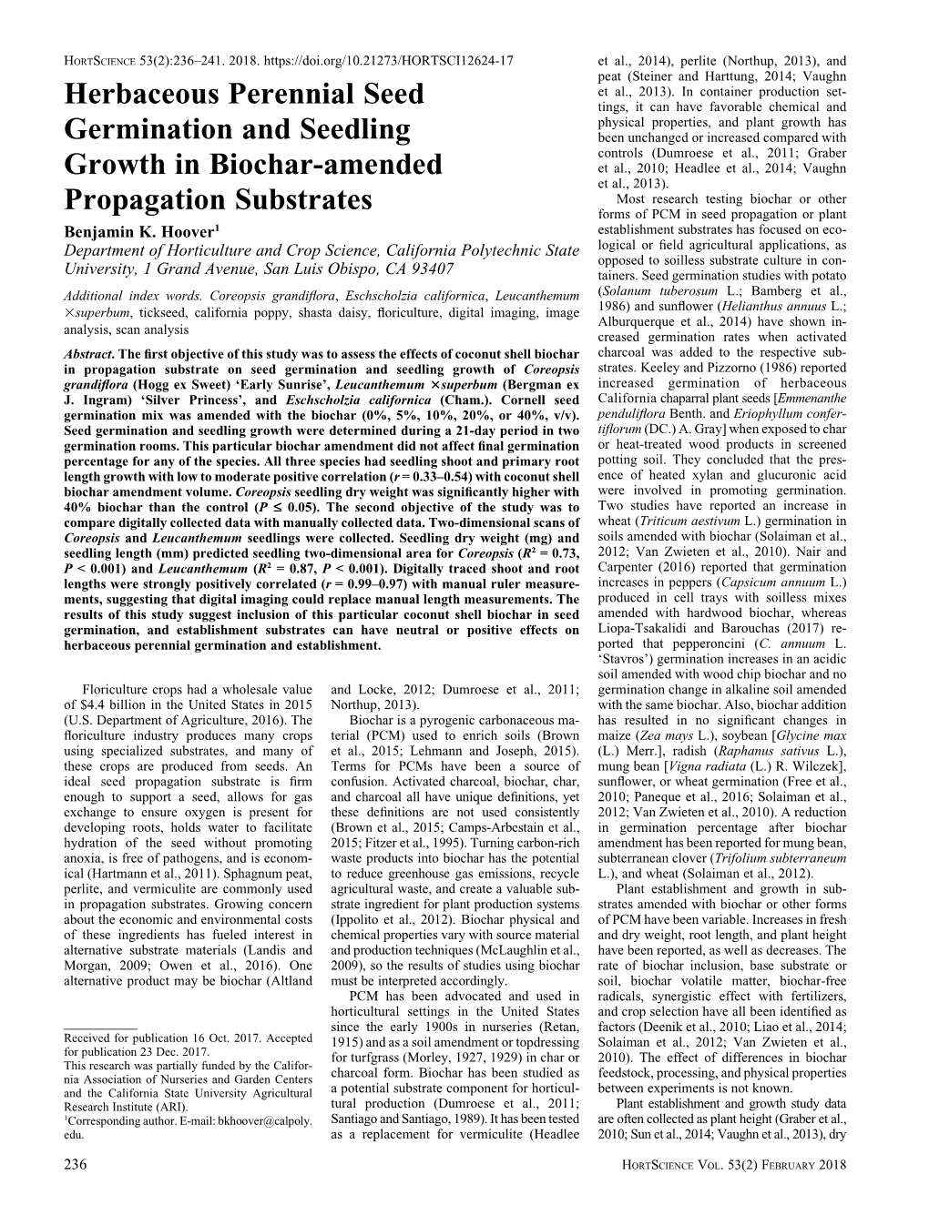 Herbaceous Perennial Seed Germination and Seedling Growth in Biochar-Amended Propagation Substrates