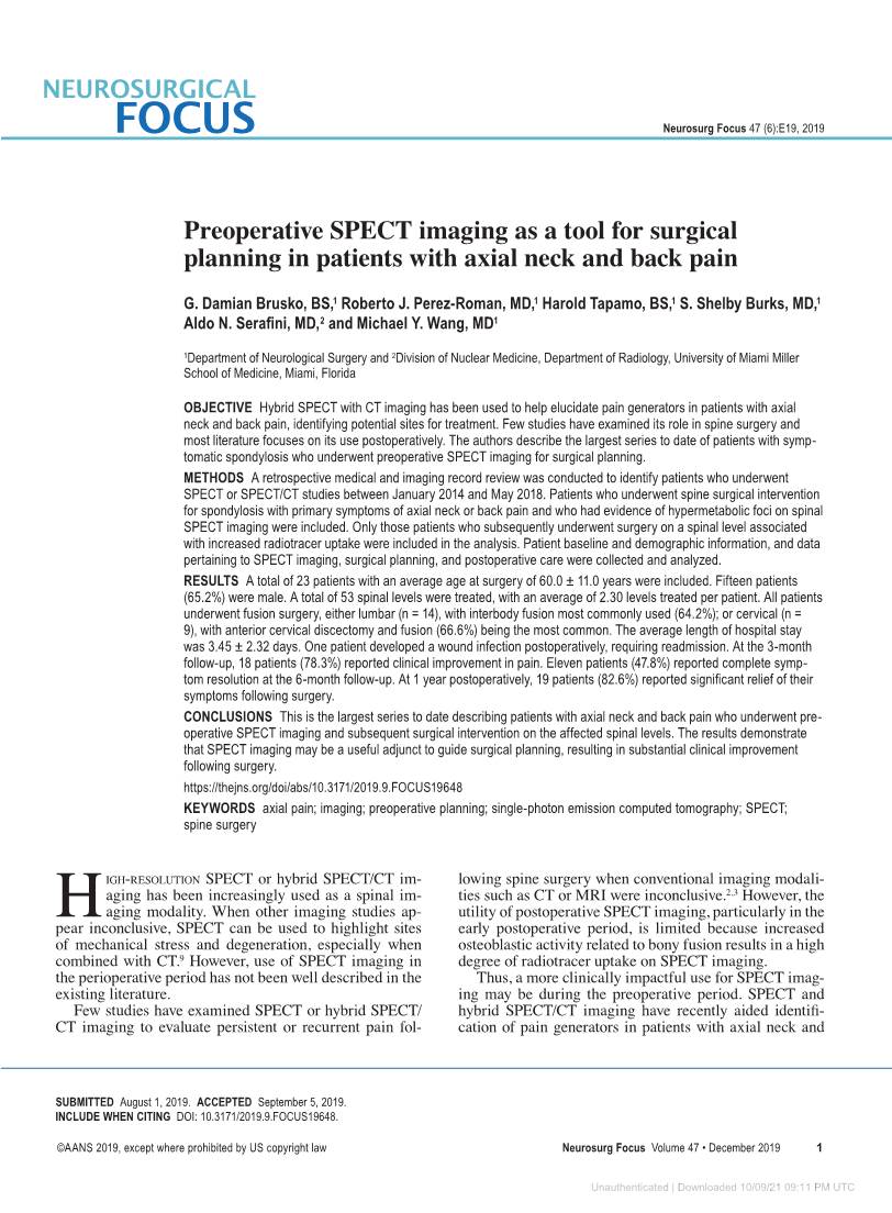 Preoperative SPECT Imaging As a Tool for Surgical Planning in Patients with Axial Neck and Back Pain