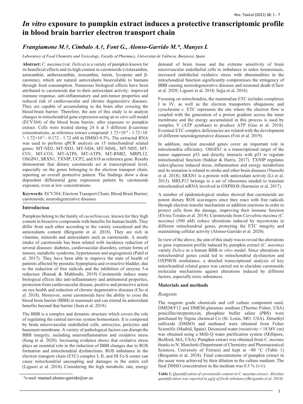 In Vitro Exposure to Pumpkin Extract Induces a Protective Transcriptomic Profile in Blood Brain Barrier Electron Transport Chain