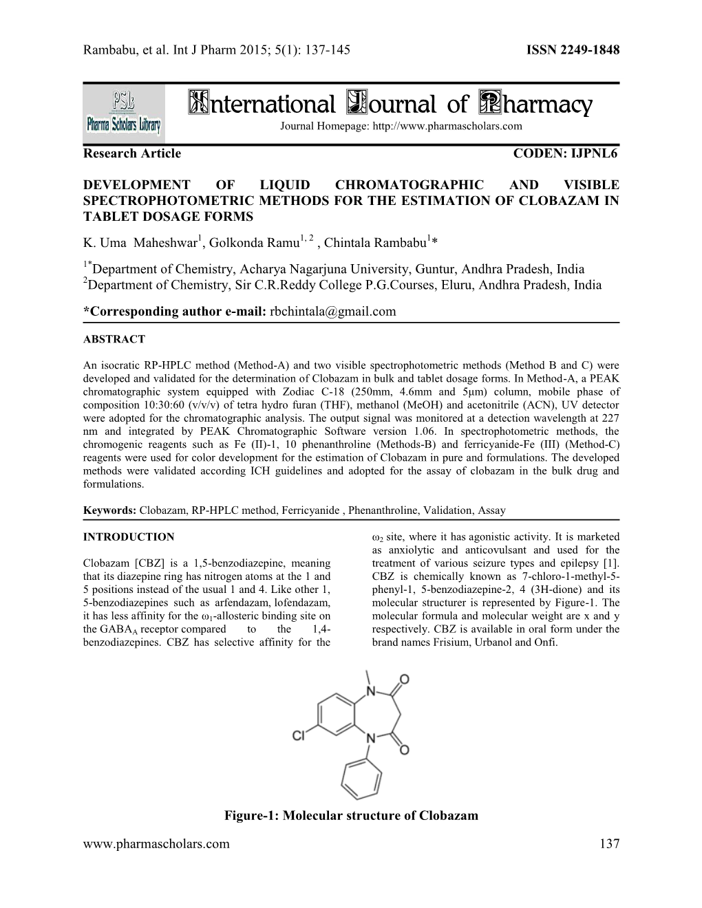 Development of Liquid Chromatographic and Visible Spectrophotometric Methods for the Estimation of Clobazam in Tablet Dosage Forms