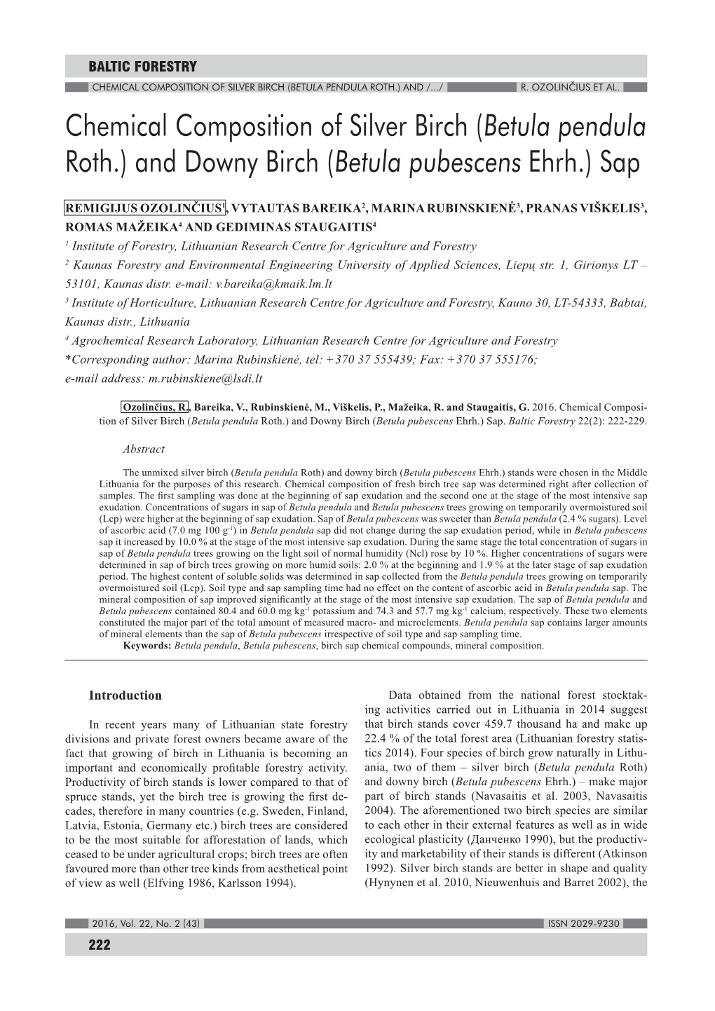 Chemical Composition of Silver Birch (Betula Pendula Roth.) and Downy Birch (Betula Pubescens Ehrh.) Sap