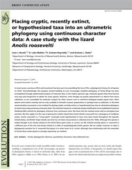 Placing Cryptic, Recently Extinct, Or Hypothesized Taxa Into an Ultrametric Phylogeny Using Continuous Character Data: a Case Study with the Lizard Anolis Roosevelti