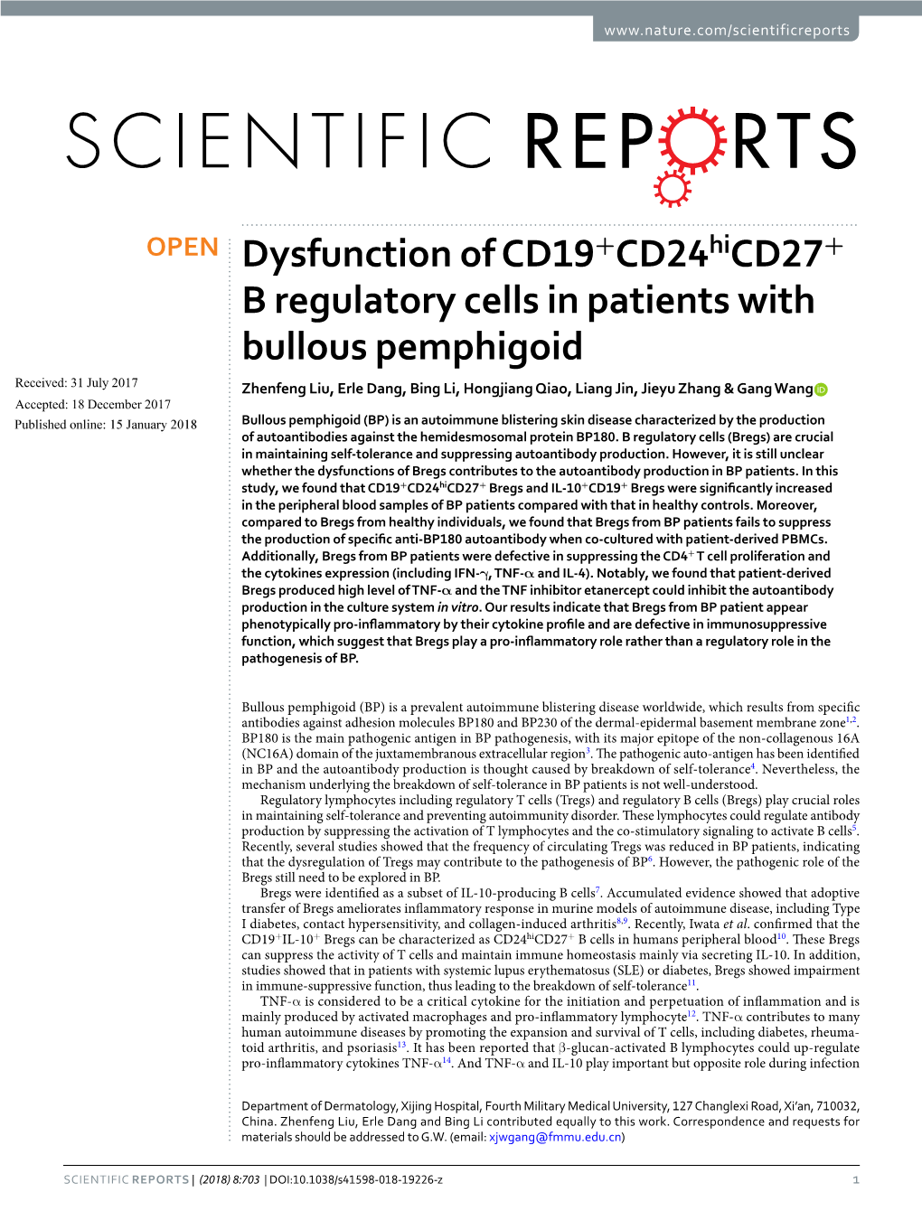 Dysfunction of CD19+Cd24hicd27+ B Regulatory Cells in Patients With