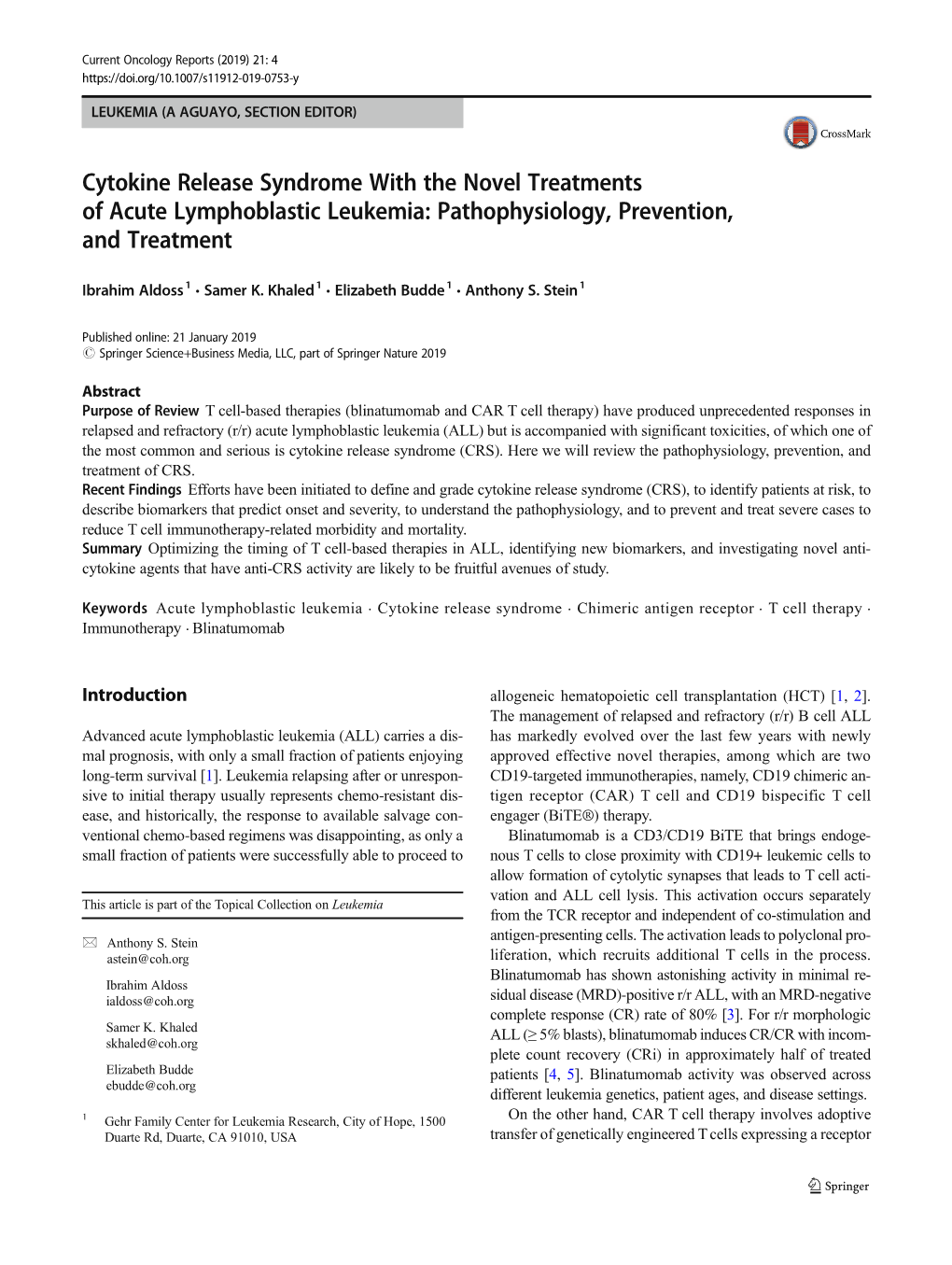 Cytokine Release Syndrome with the Novel Treatments of Acute Lymphoblastic Leukemia: Pathophysiology, Prevention, and Treatment