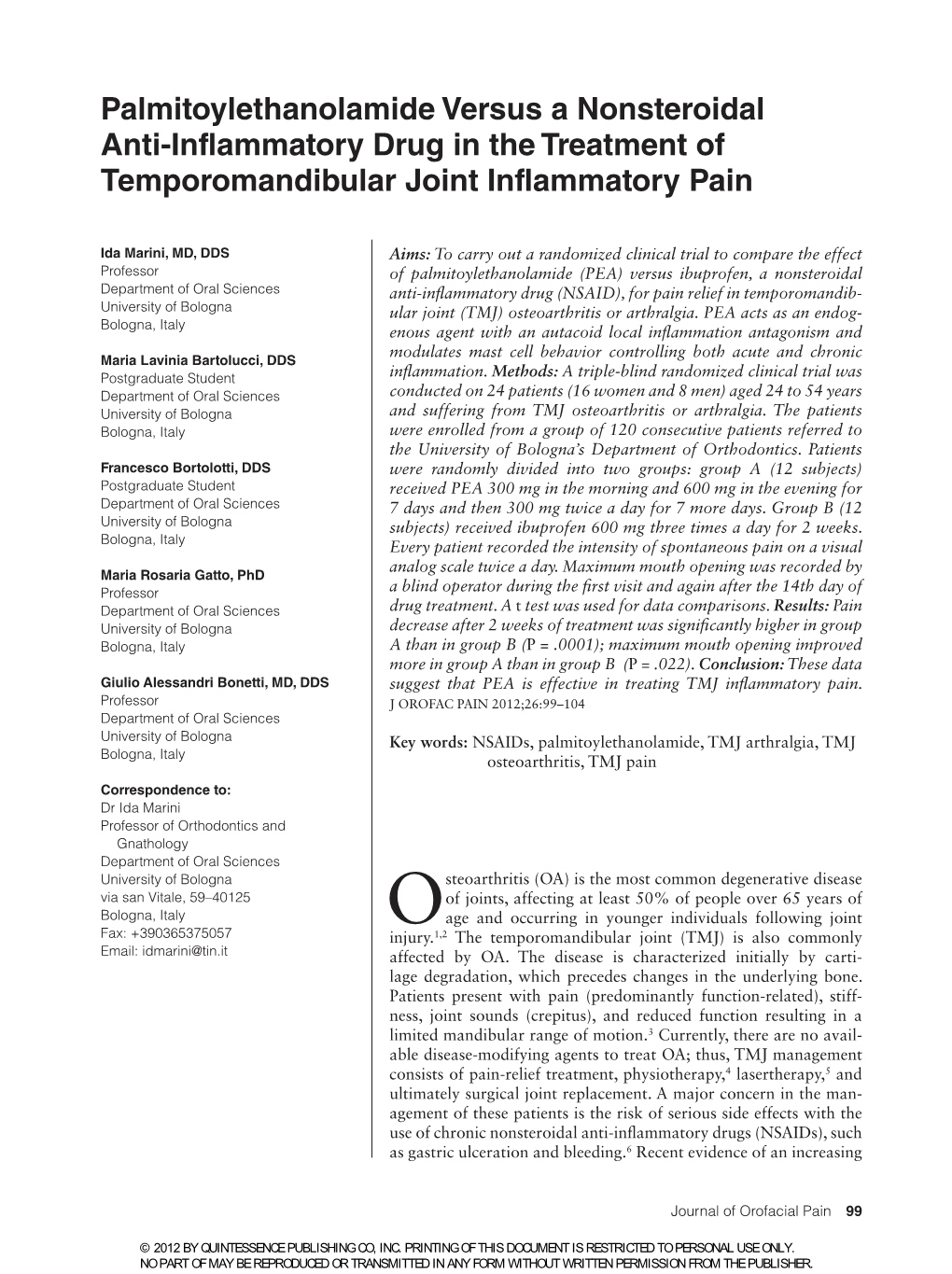Palmitoylethanolamide Versus a Nonsteroidal Anti-Inflammatory Drug in the Treatment of Temporomandibular Joint Inflammatory Pain