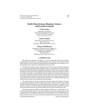 Earth-Moon System, Planetary Science, and Lessons Learned S